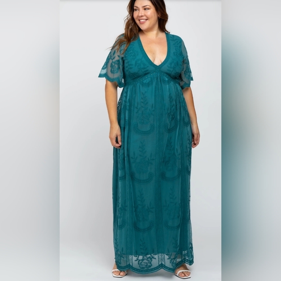 NEW Elegant Teal Lace Maxi Dress - Picture 1 of 3